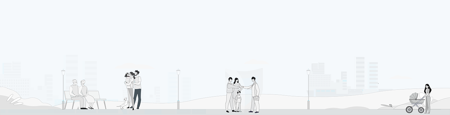 Illustrations of people in various healthcare situations including families, individuals, and healthcare providers